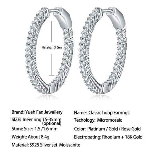 S925 Silver Moissanite Classic hoop Earrings1.5-1.6mm 2CT Customizable moissanite HipHop Style Jewelry Personalized Valentine Day Gift