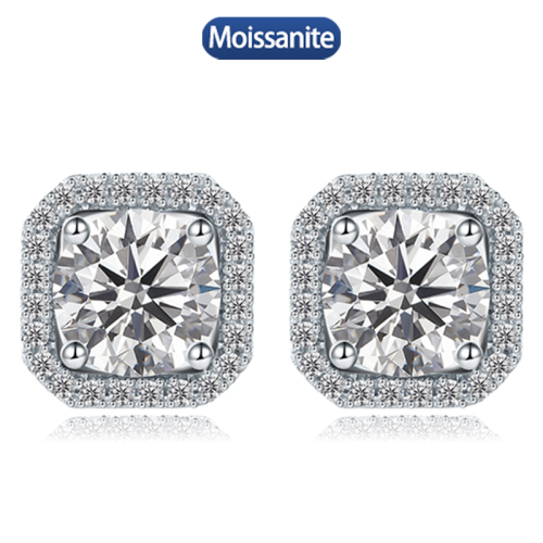 S925 silver moissanite full diamond princess round earrings 1CT customizable moissanite high-end fashion style jewelry personalized earrings Valentine's Day