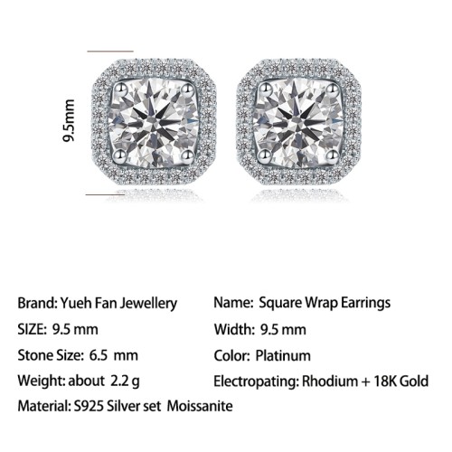 S925 silver moissanite full diamond princess round earrings 1CT customizable moissanite high-end fashion style jewelry personalized earrings Valentine's Day