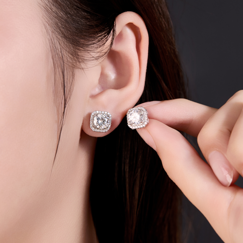 S925 silver moissanite full diamond princess round earrings 1CT customizable moissanite high-end fashion style jewelry personalized earrings Valentine's Day