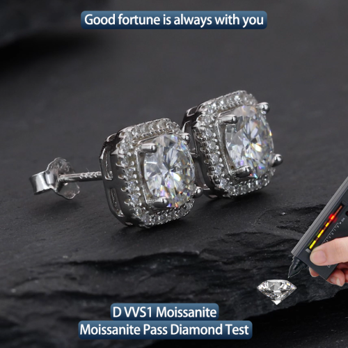 S925 silver moissanite full diamond princess round earrings 1CT customizable moissanite high-end fashion style jewelry personalized earrings Valentine's Day 
