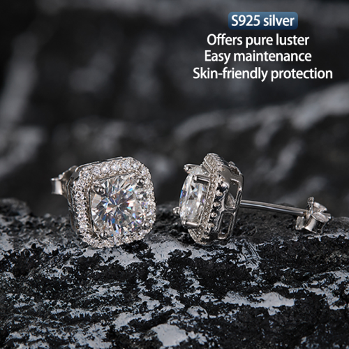 S925 silver moissanite full diamond princess round earrings 1CT customizable moissanite high-end fashion style jewelry personalized earrings Valentine's Day
