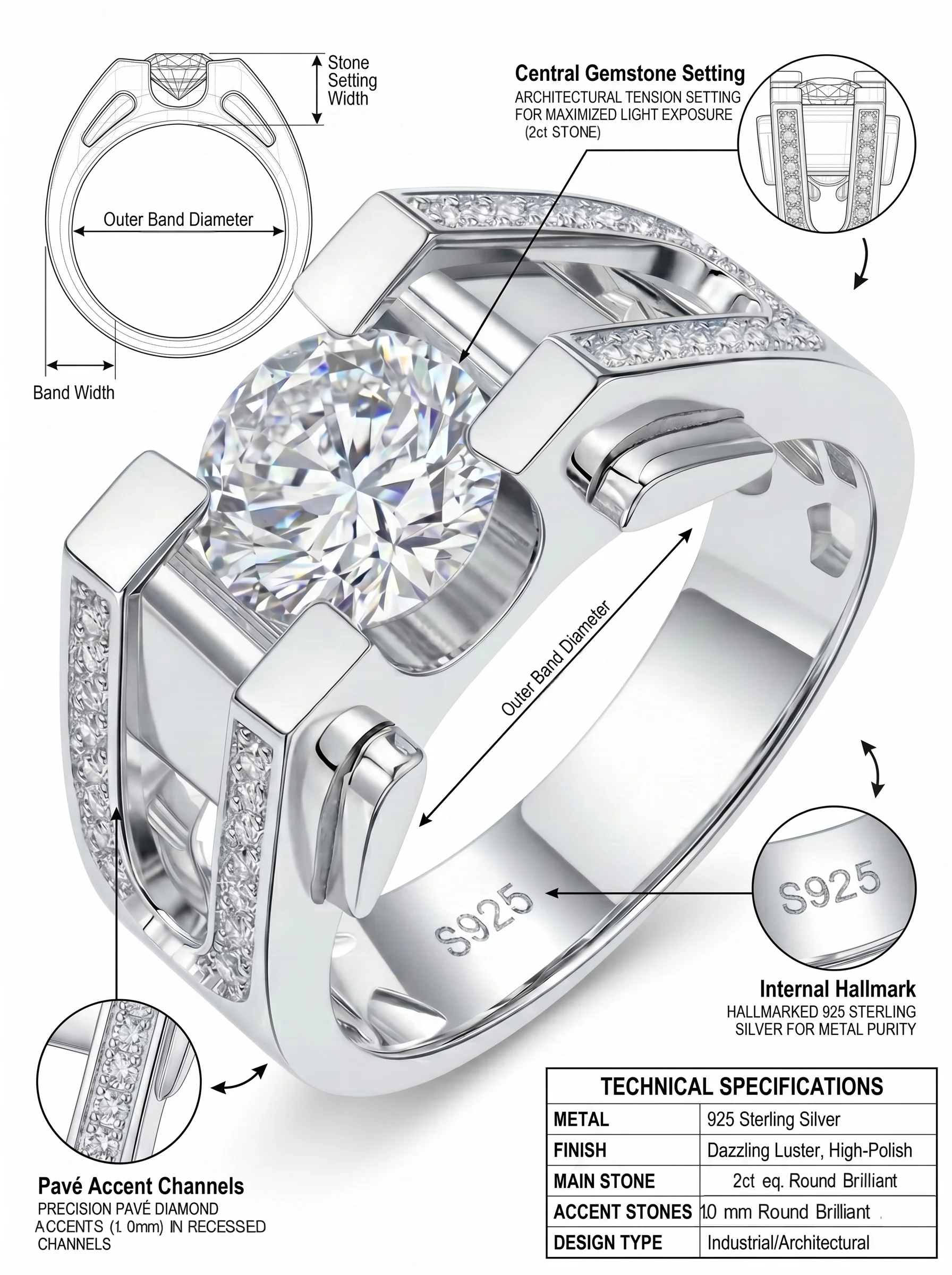 2ct Sterling 925 Silver Prong Setting Personalized Ring