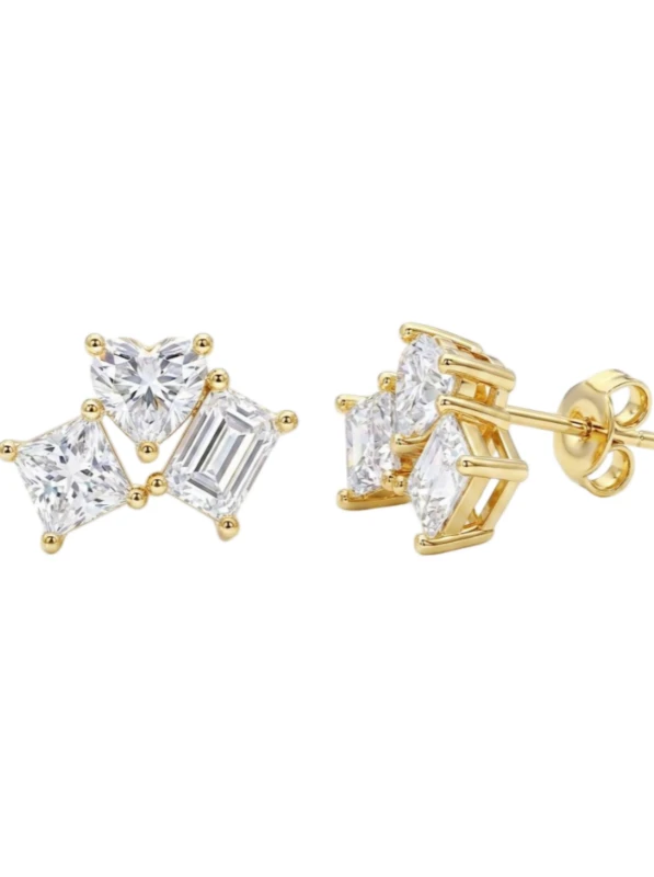 Yellow Gold Diamond Cluster Earrings – Multi-Cut Geometric Studs in S925 Silver - The second picture