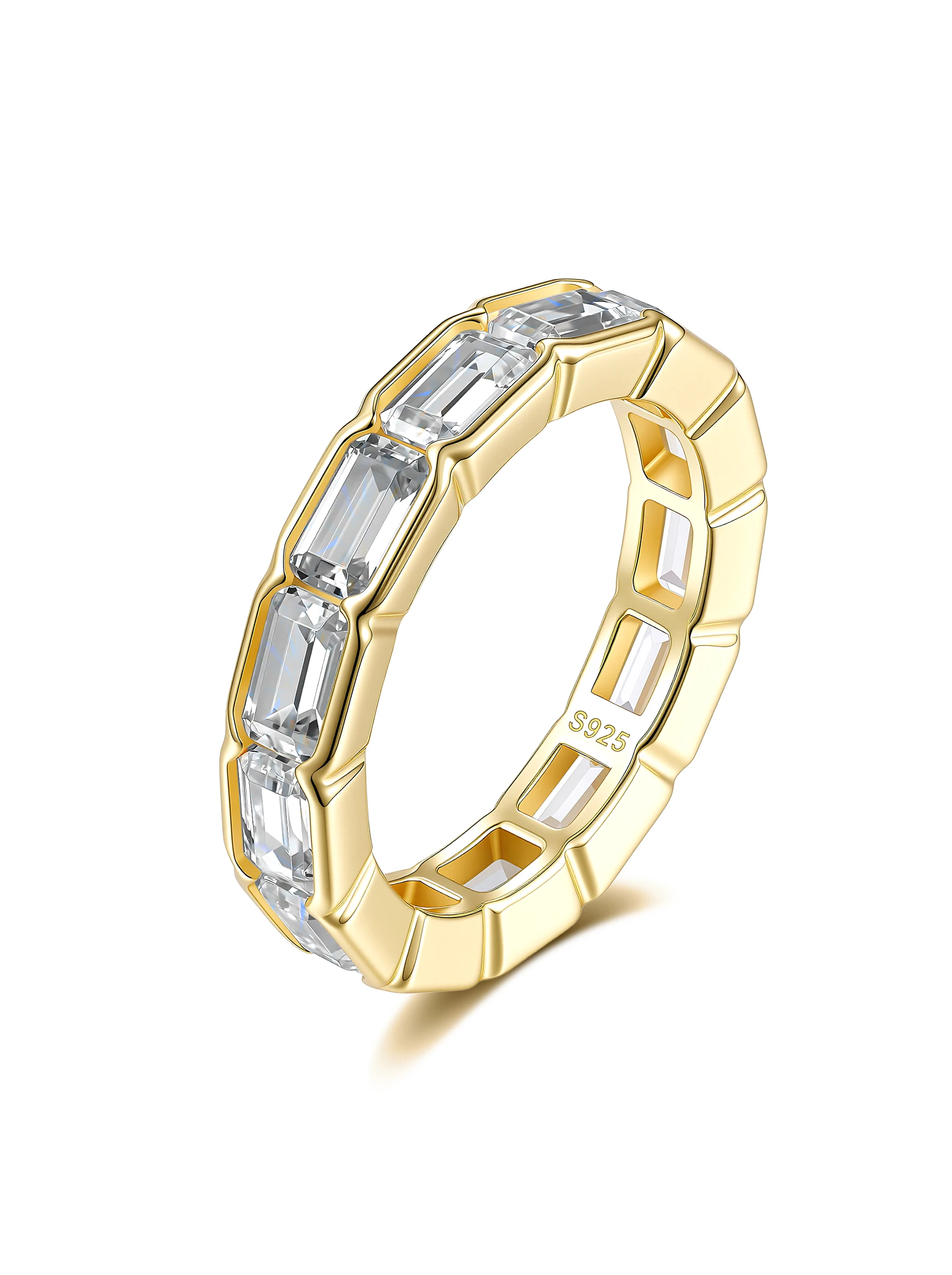925 Sterling Silver Eternity Pave Setting Bezel Set Emerald Cut Moissanite Ring
