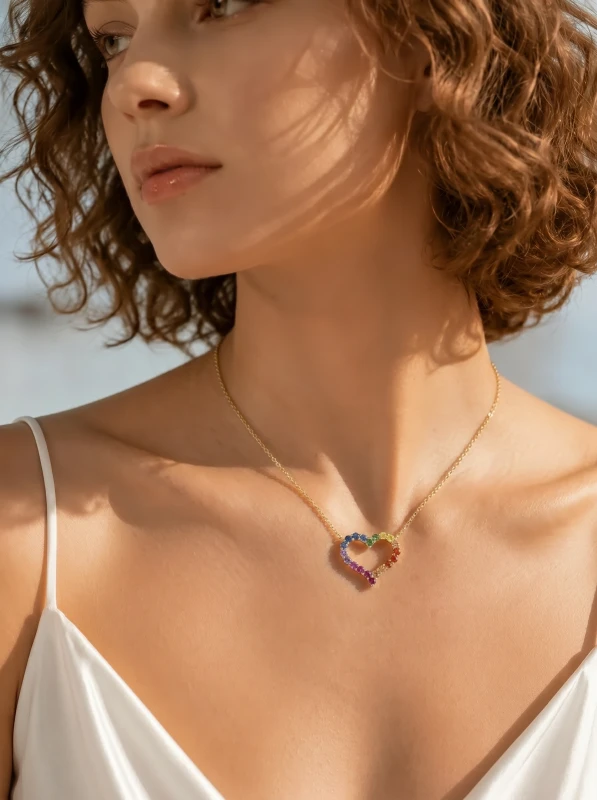 Gold Gradient Sapphire Heart Shaped Necklace in S925 Sterling Silver - The second picture