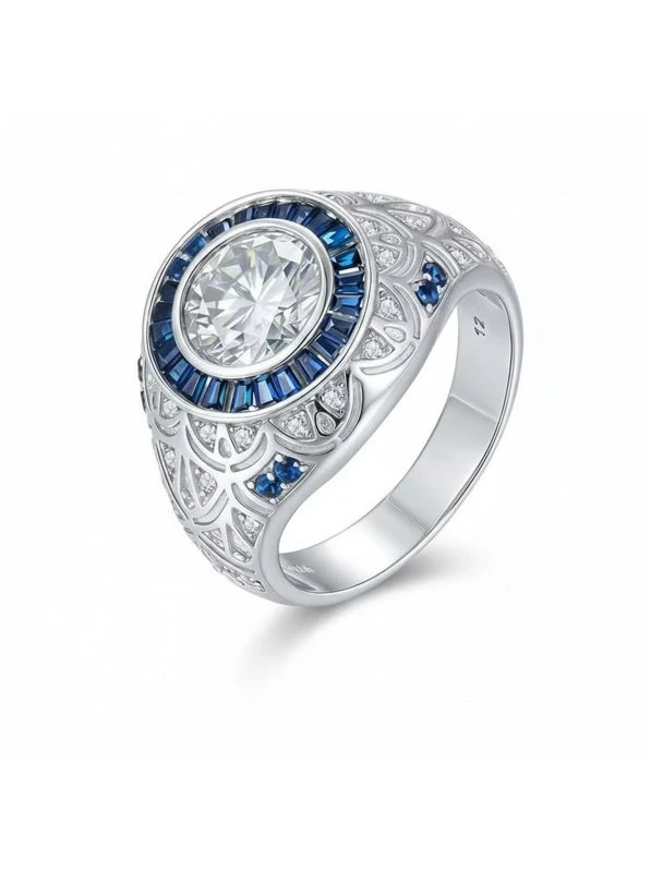 925 Sterling Silver Solitaire High Setting Bezel Set Heavy Signet Moissanite Ring - The second picture
