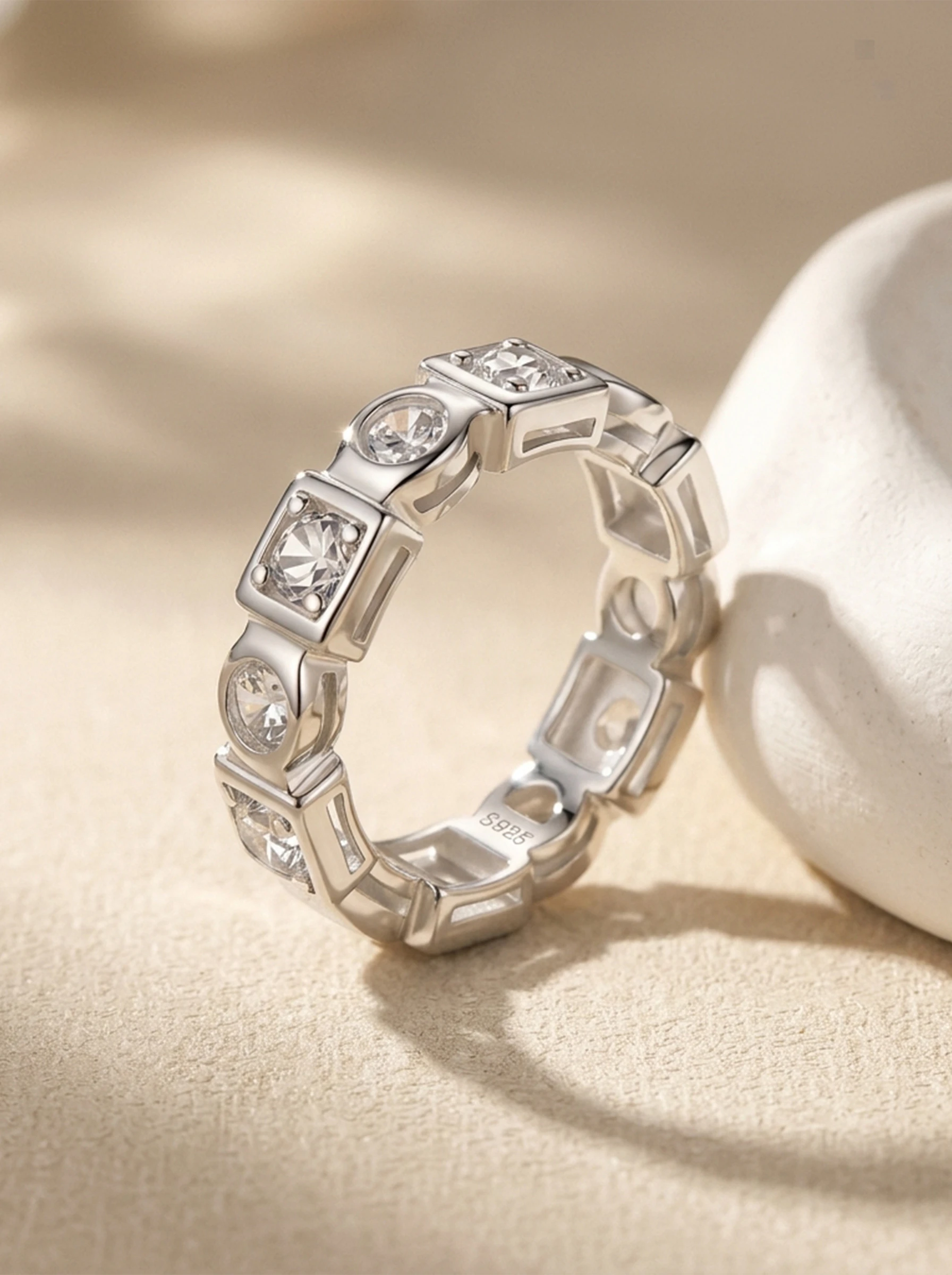 925 Sterling Silver Eternity Pave Setting Bezel Set Moissanite Ring