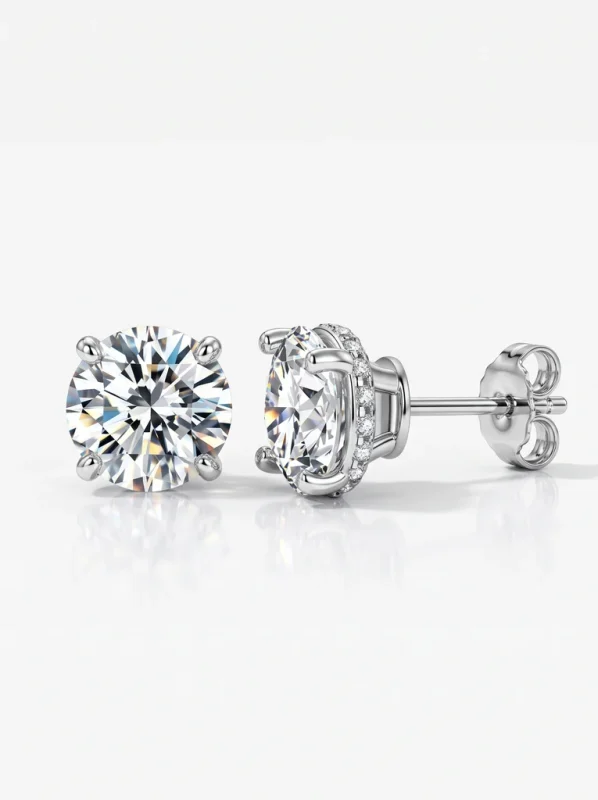 925 Sterling Silver Solitaire High Setting 4-Prong Halo Moissanite Earrings