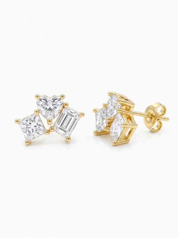 Yellow Gold Diamond Cluster Earrings – Multi-Cut Geometric Studs in S925 Silver