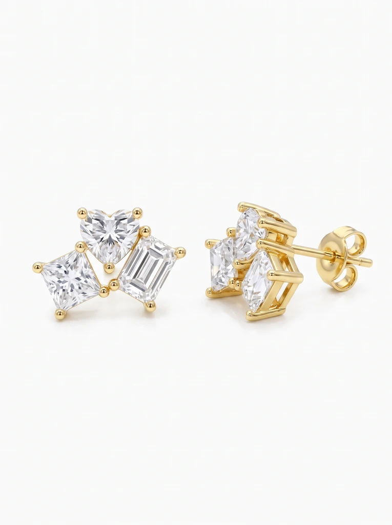 Yellow Gold Diamond Cluster Earrings – Multi-Cut Geometric Studs in S925 Silver