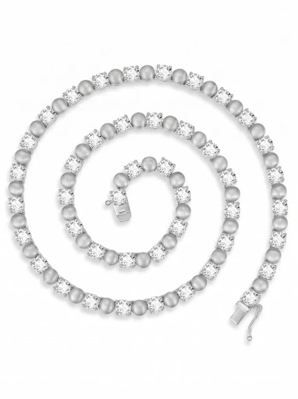 18 Inch 925 Sterling Silver Brushed Satin Finish Eternity Pave Setting 4-Prong Moissanite Necklace