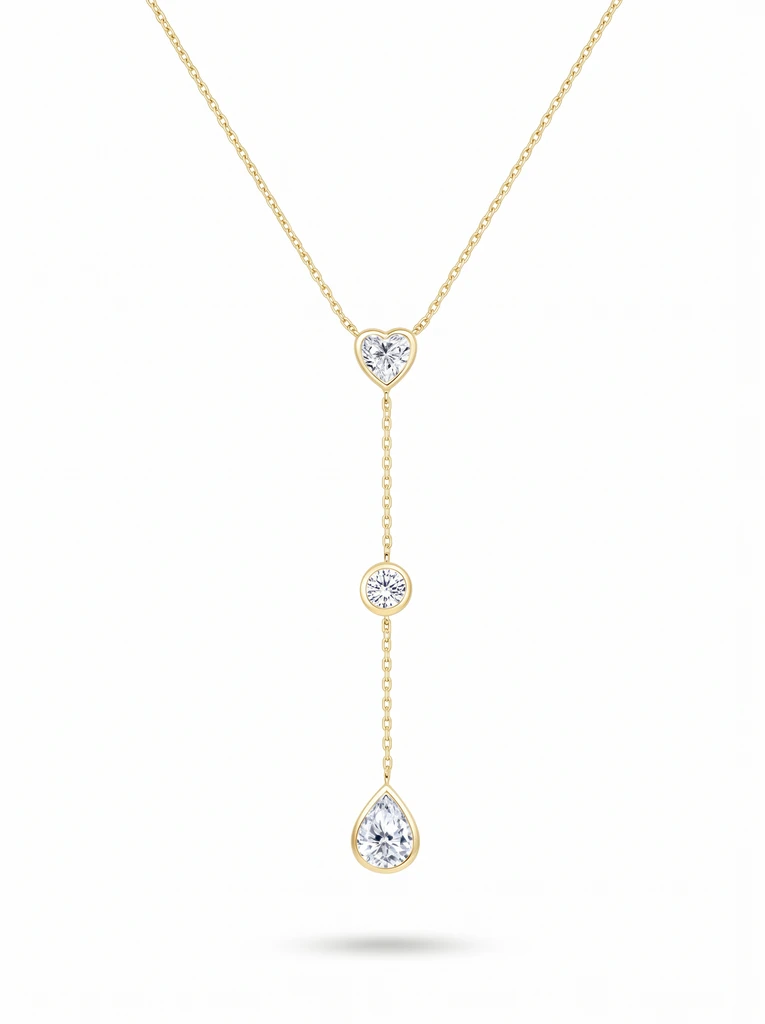 Gold Moissanite Y Drop Necklace with Trio Bezel-Set Heart & Pear Stones