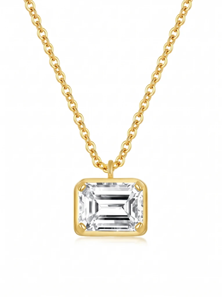 925 Sterling Silver Bezel Set Emerald Cut Moissanite Necklace