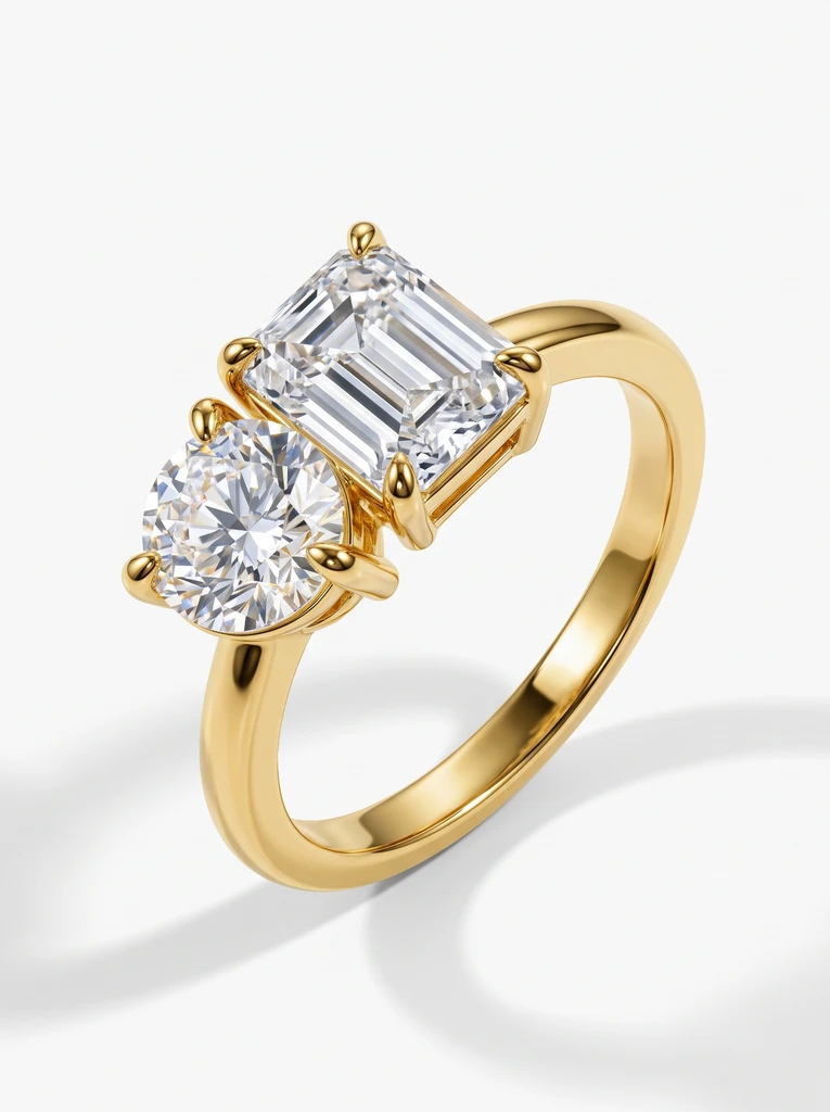 18K Gold Two Stone Moissanite Ring (Emerald & Teardrop Cut)