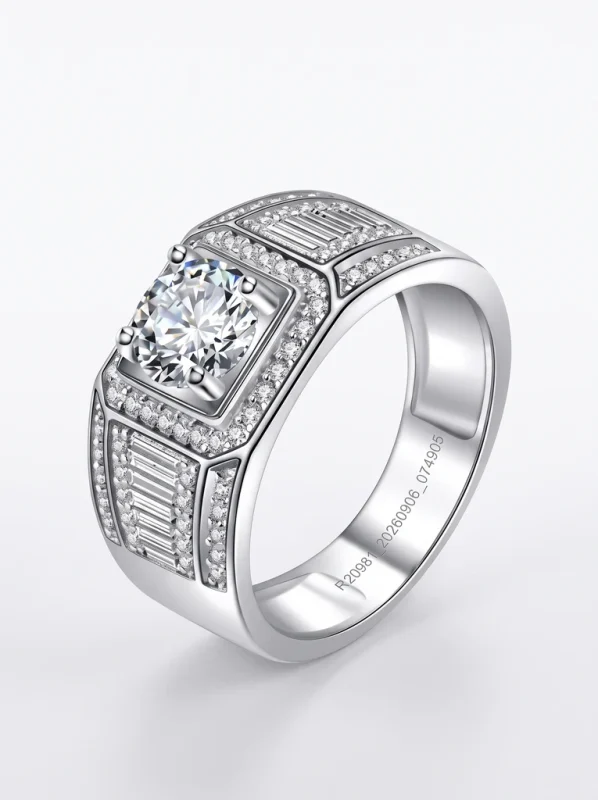 925 Sterling Silver Heavy Signet Halo Moissanite Ring