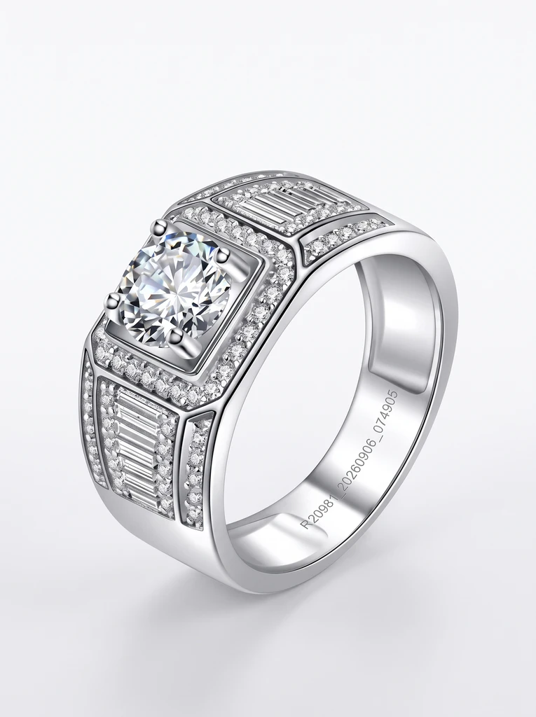 925 Sterling Silver Heavy Signet Halo Moissanite Ring
