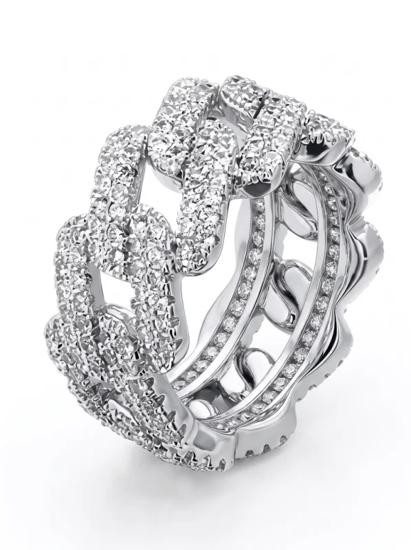 925 Sterling Silver Cuban Link Chain Eternity Pave Setting Moissanite Ring