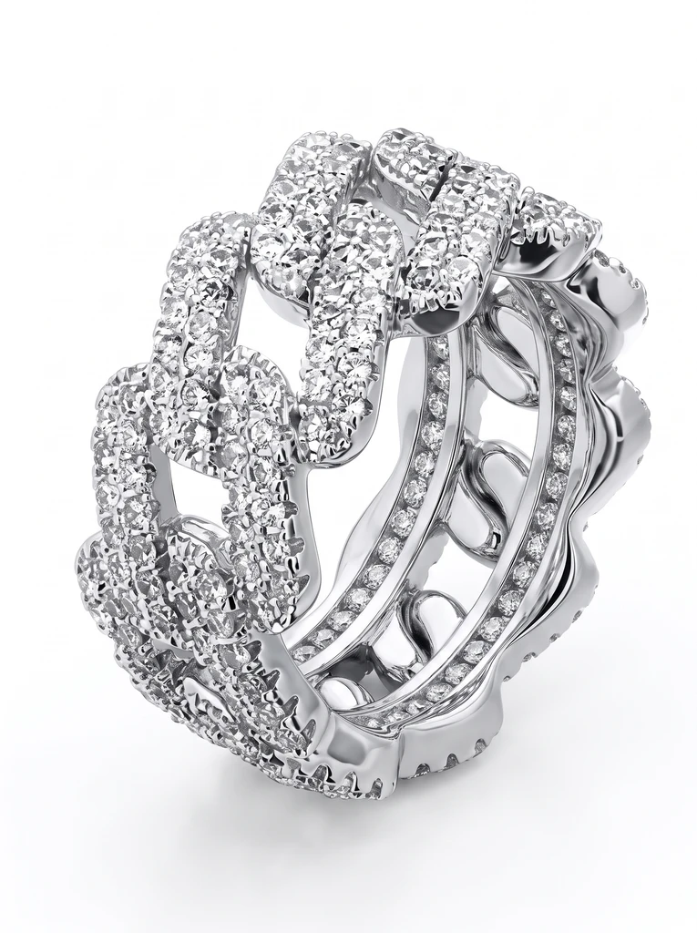 925 Sterling Silver Cuban Link Chain Eternity Pave Setting Moissanite Ring