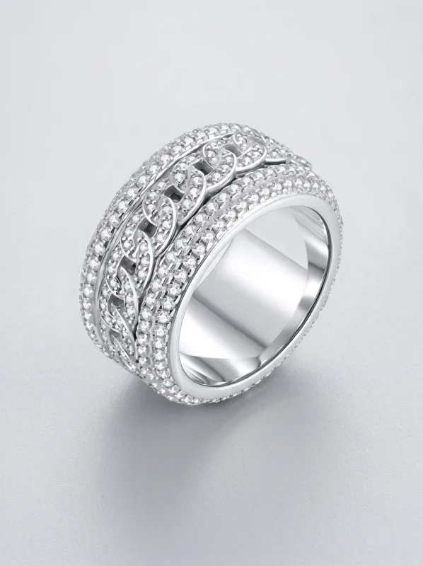 925 Sterling Silver Cuban Link Chain Eternity Pave Setting Pavé Setting Moissanite Ring