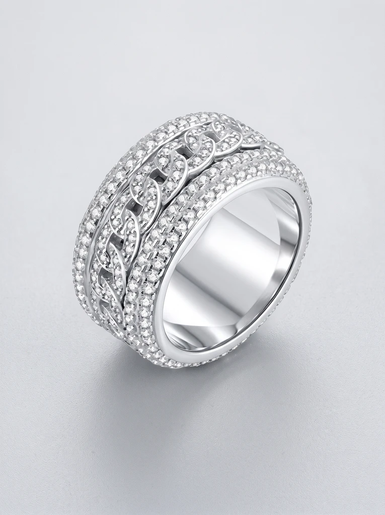 925 Sterling Silver Cuban Link Chain Eternity Pave Setting Pavé Setting Moissanite Ring