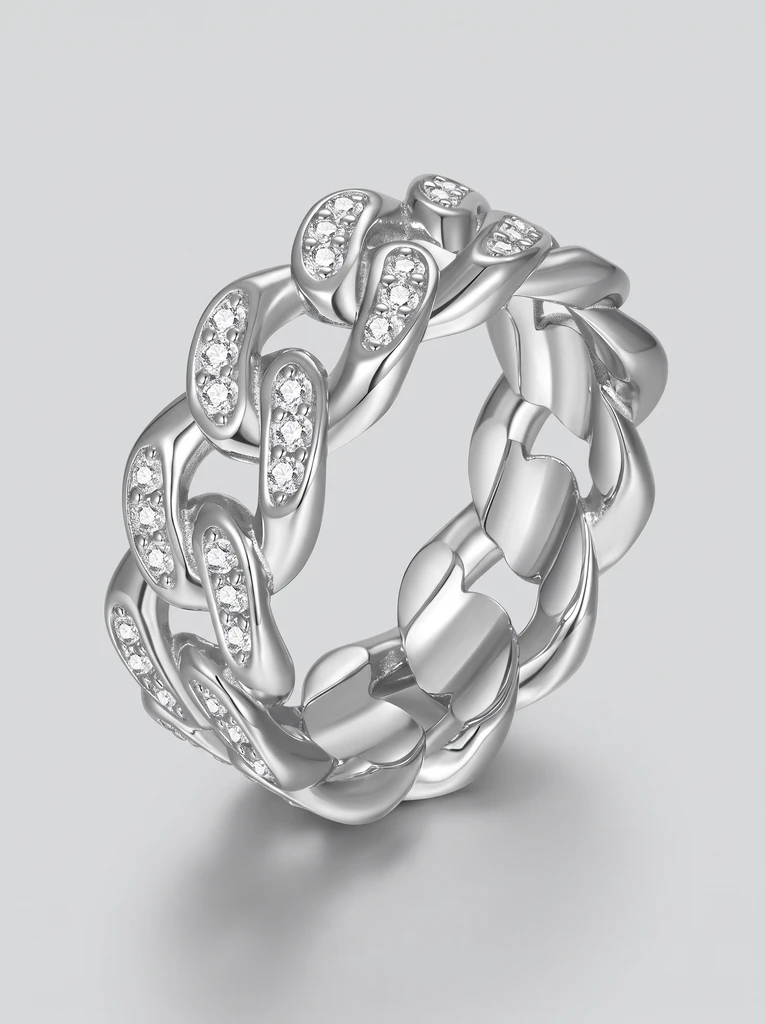 925 Sterling Silver Cuban Link Chain Eternity Pave Setting Pavé Setting Moissanite Ring