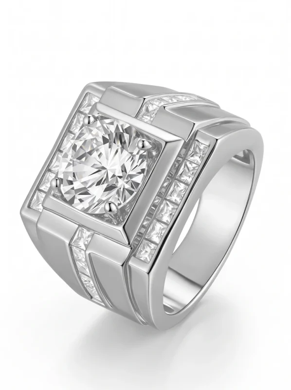 925 Sterling Silver Solitaire High Setting Heavy Signet Moissanite Ring