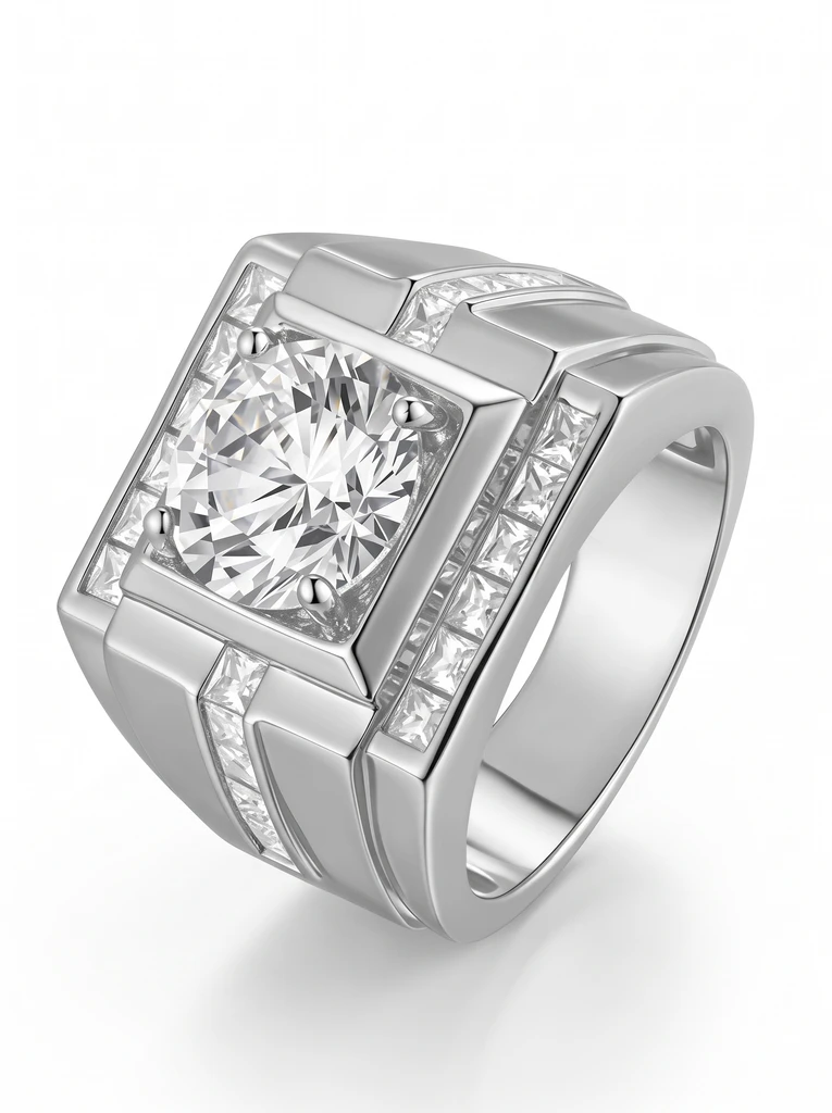 925 Sterling Silver Solitaire High Setting Heavy Signet Moissanite Ring