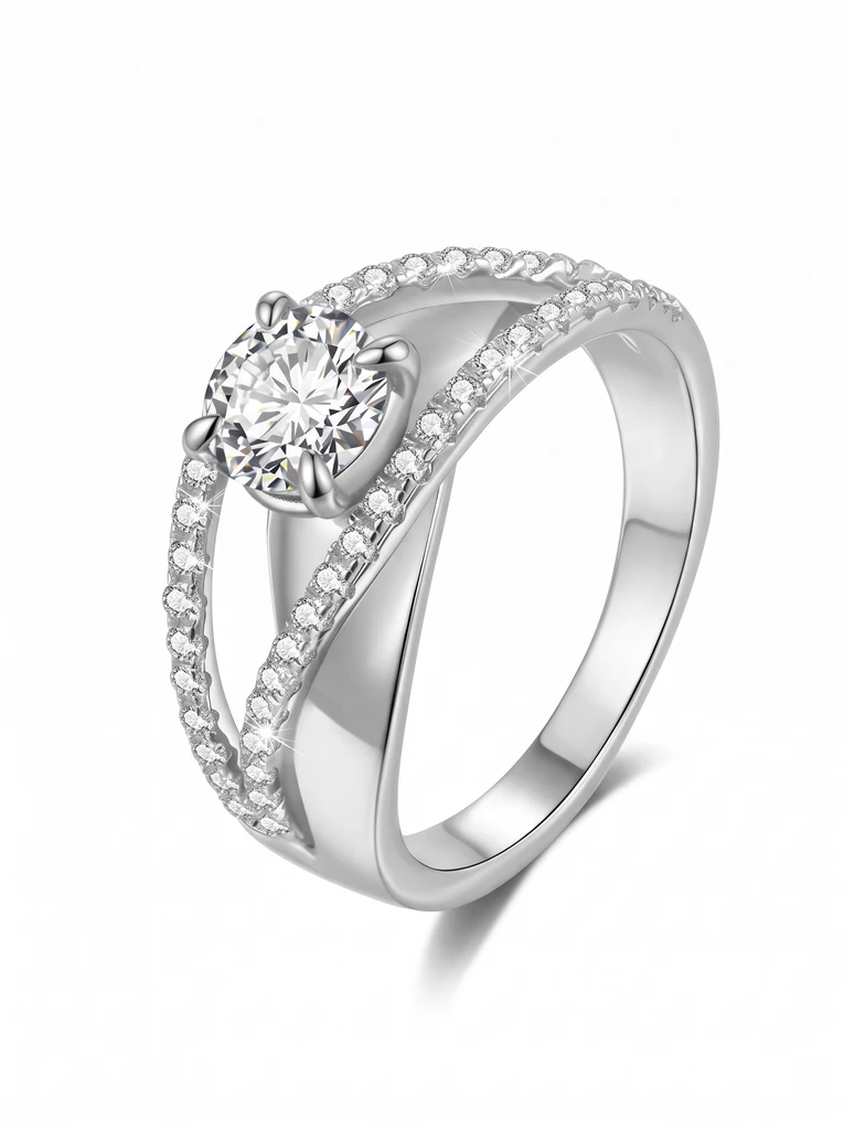 925 Sterling Silver Solitaire High Setting Pavé Setting Moissanite Ring