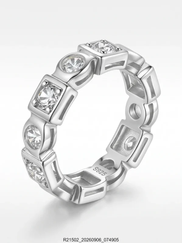 925 Sterling Silver Eternity Pave Setting Bezel Set Moissanite Ring