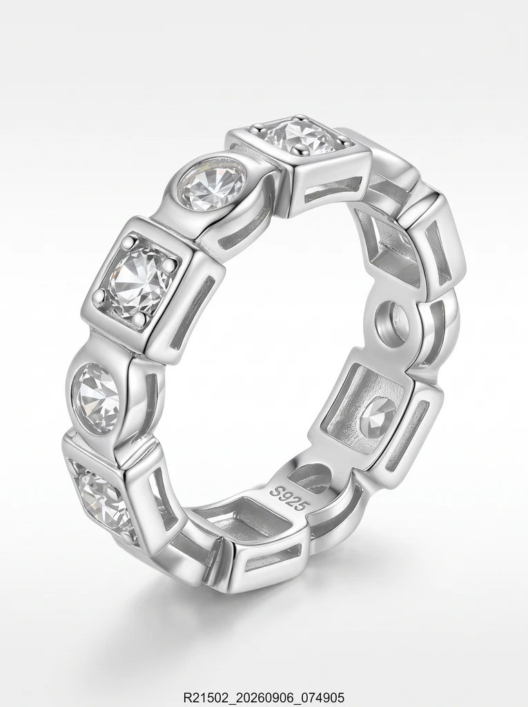 925 Sterling Silver Eternity Pave Setting Bezel Set Moissanite Ring