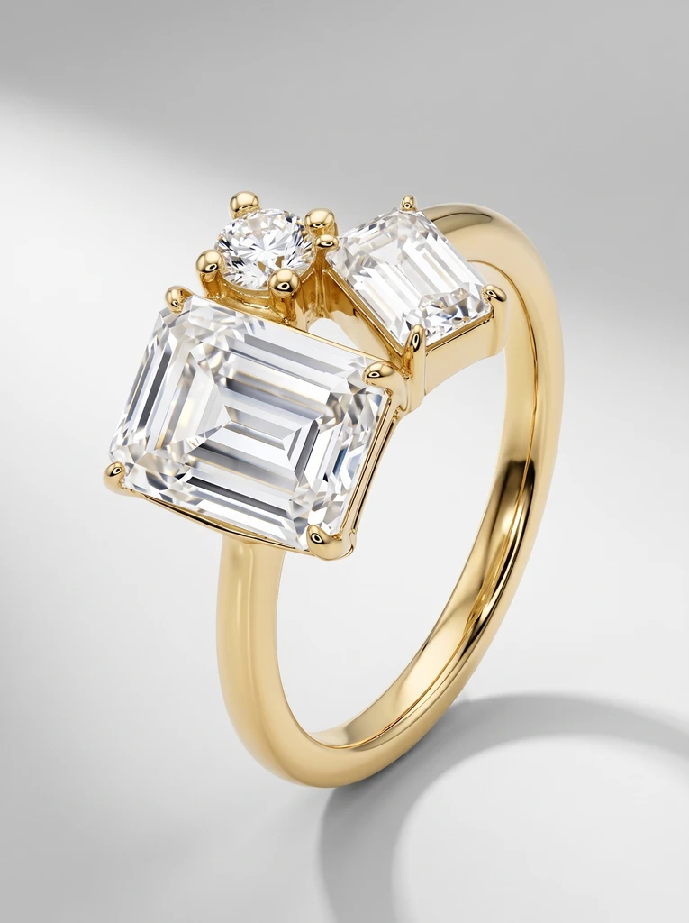 Modern Asymmetrical Three Stone Moissanite Engagement Ring in 18K Gold Vermeil