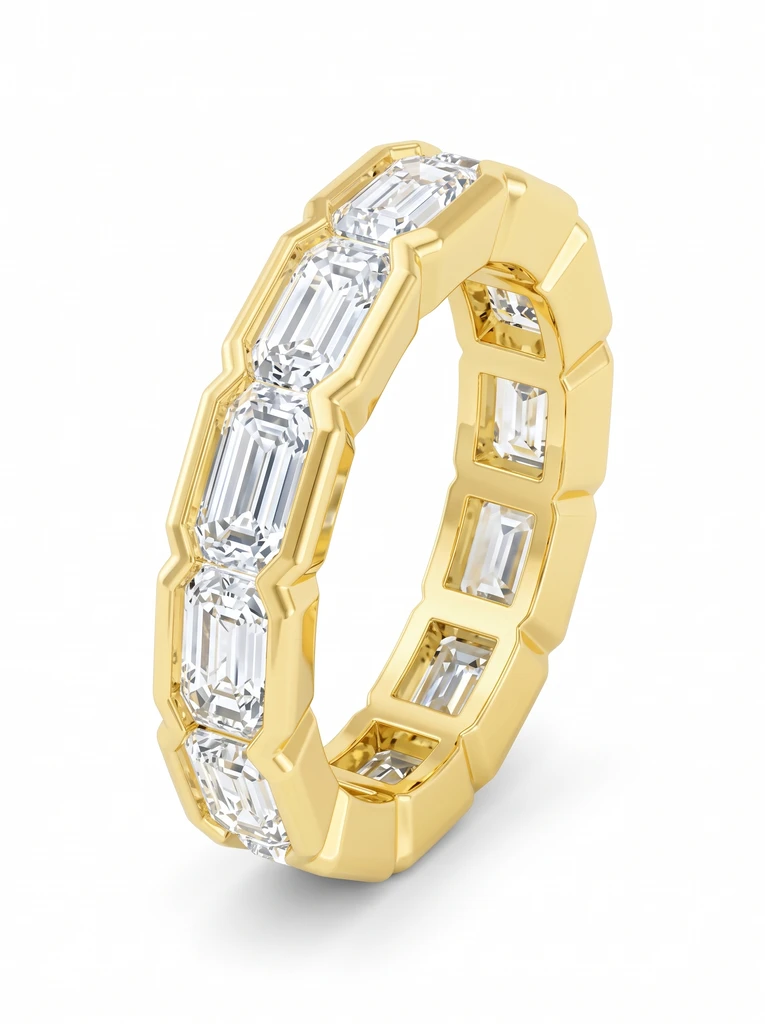 925 Sterling Silver Eternity Pave Setting Bezel Set Emerald Cut Moissanite Ring