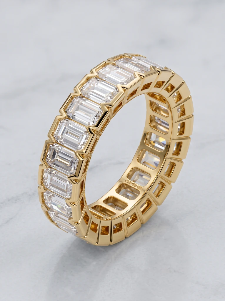925 Sterling Silver Eternity Pave Setting Bezel Set Emerald Cut Moissanite Ring