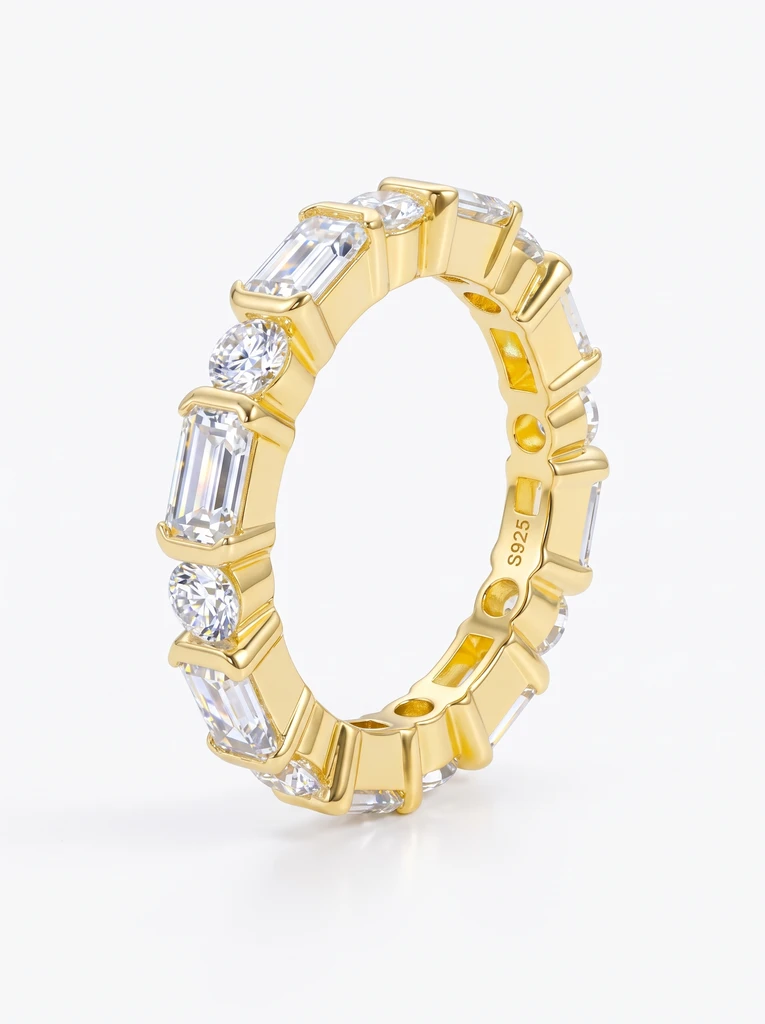 925 Sterling Silver Eternity Pave Setting Bezel Set Moissanite Ring